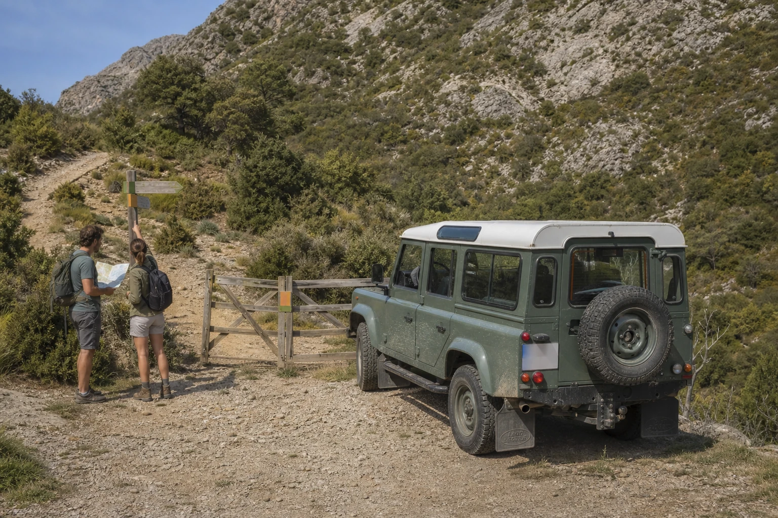 Land Rover Defender 110 detenido ante un acceso de pista para comprobar los permisos