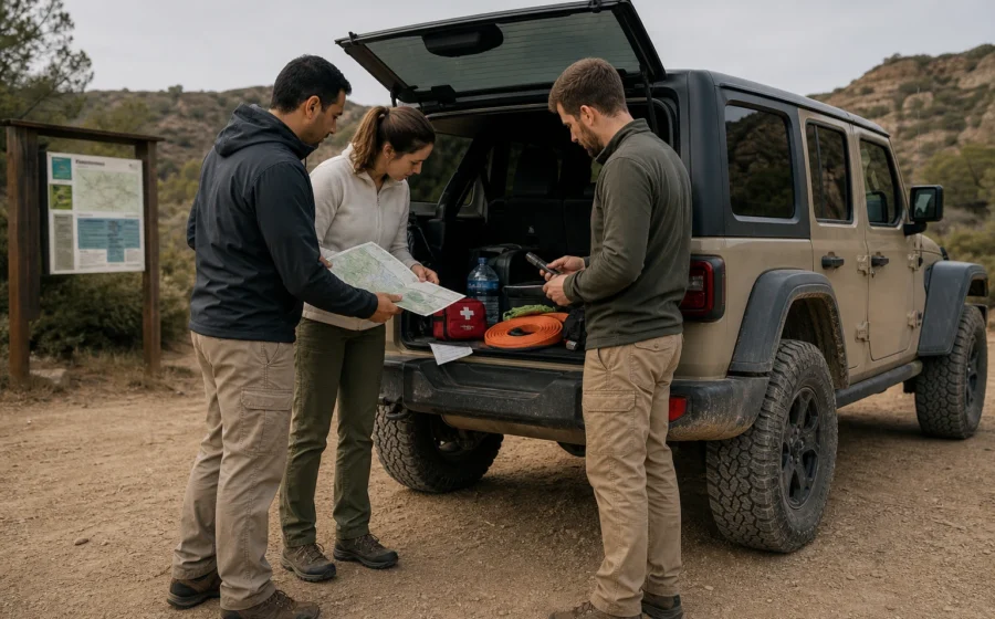 Briefing de seguridad junto a un Jeep Wrangler JL antes de una ruta 4x4