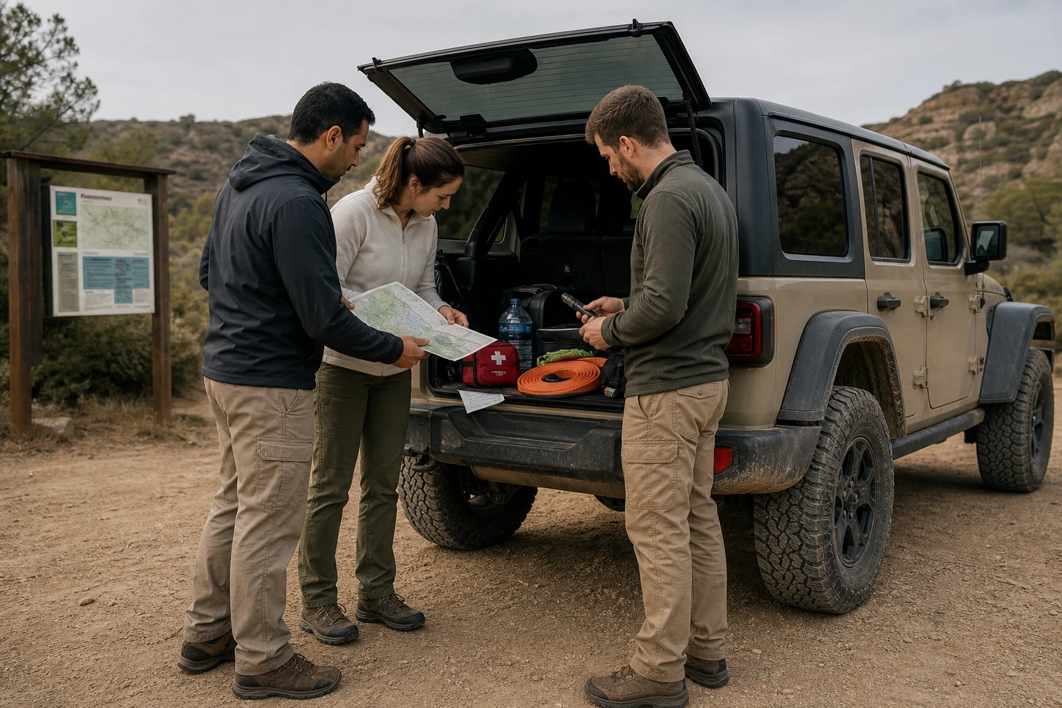 Briefing de seguridad junto a un Jeep Wrangler JL antes de una ruta 4x4