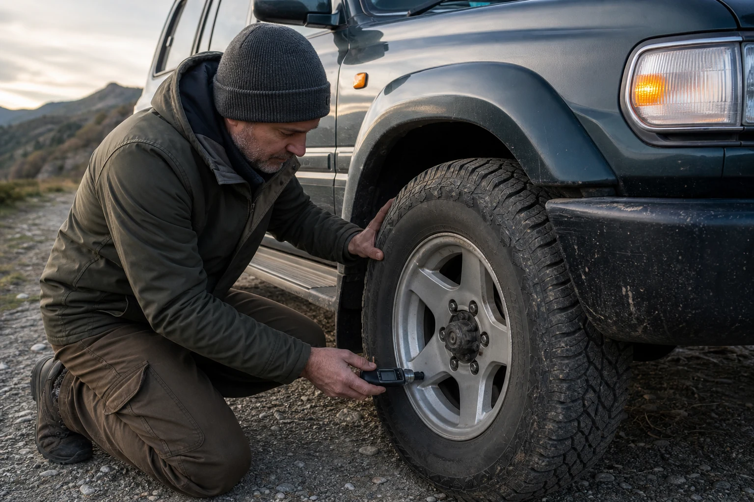 Medición de presión en el neumático de un Toyota Land Cruiser 80