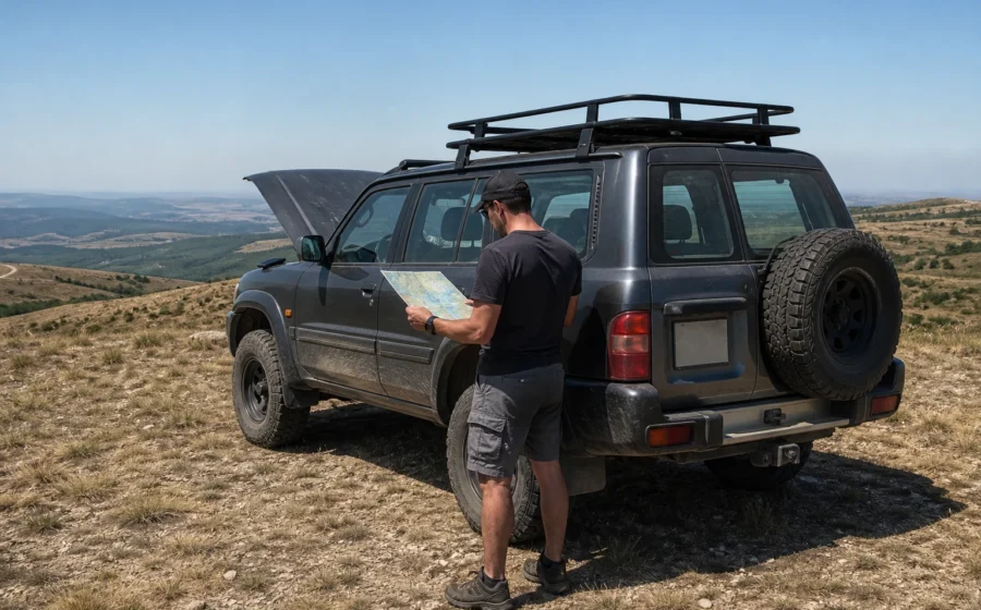Conductor consulta un mapa junto a un Nissan Patrol Y61 antes de entrar en pista