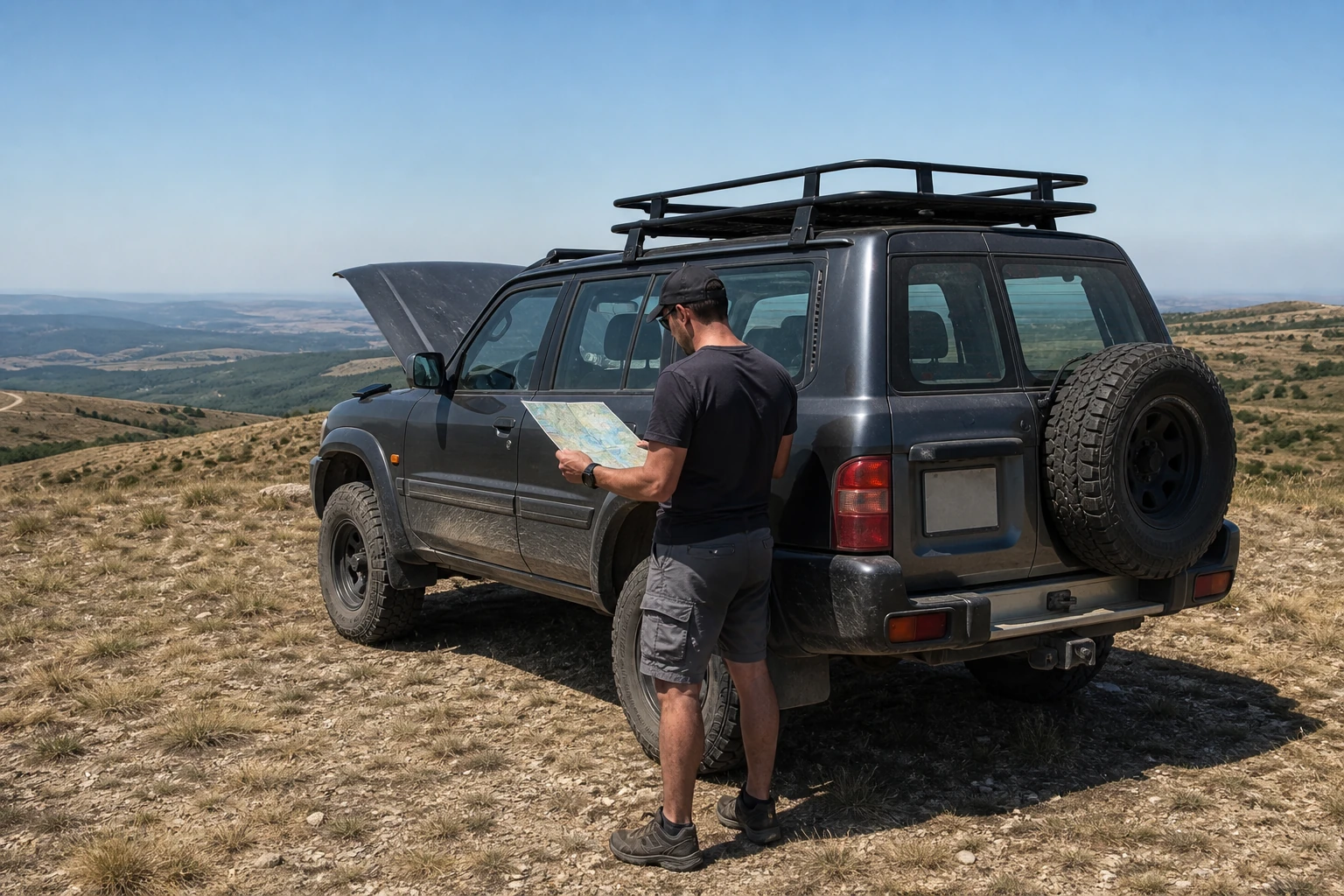 Conductor consulta un mapa junto a un Nissan Patrol Y61 antes de entrar en pista