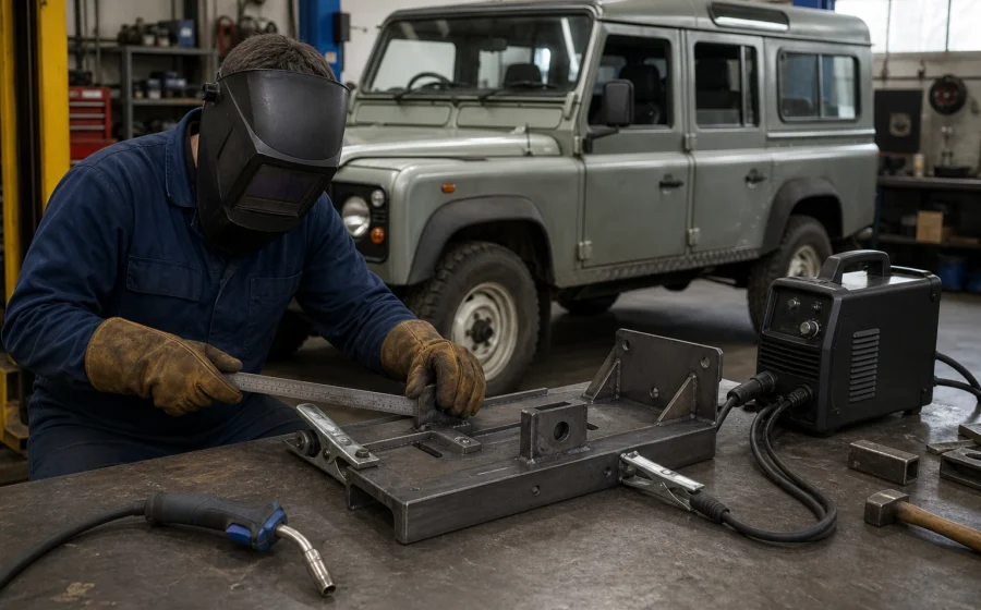 Trabajo de soldadura en un Land Rover Defender 110 dentro de un taller 4x4