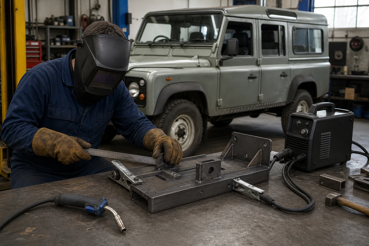Trabajo de soldadura en un Land Rover Defender 110 dentro de un taller 4x4