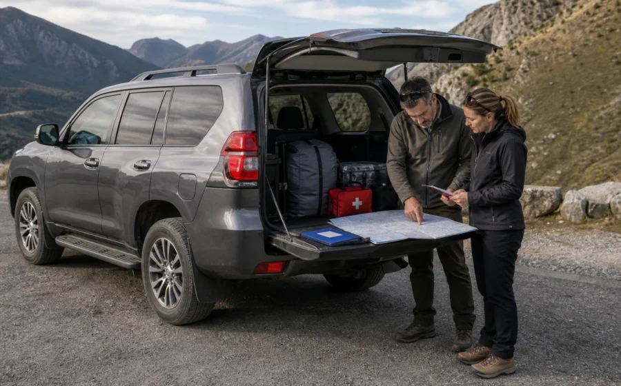 Documentos de viaje junto a un Toyota Land Cruiser Prado J150 preparado para recorrer Europa