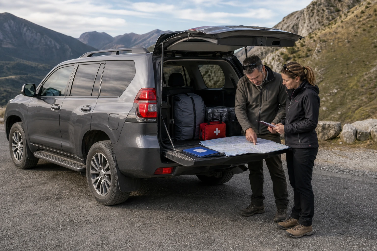 Documentos de viaje junto a un Toyota Land Cruiser Prado J150 preparado para recorrer Europa