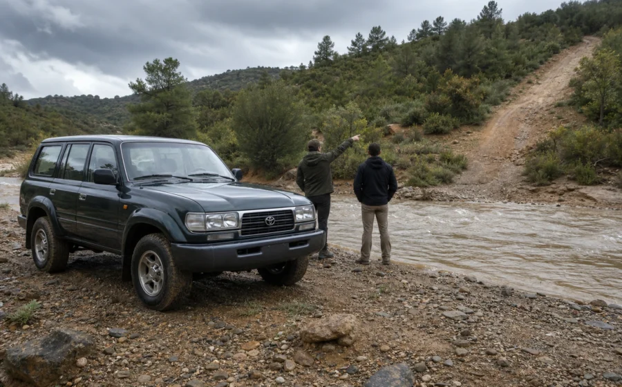 Toyota Land Cruiser 80 detenida en tierra firme mientras dos responsables valoran un vado con agua y señalan la ruta alternativa