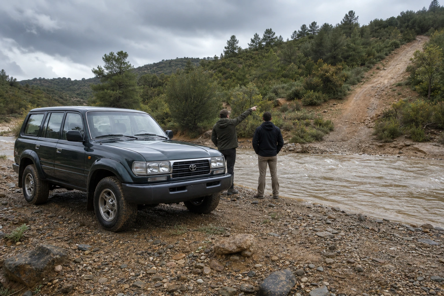 Toyota Land Cruiser 80 detenida en tierra firme mientras dos responsables valoran un vado con agua y señalan la ruta alternativa