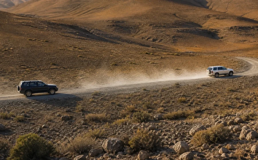 Dos vehículos 4×4 mantienen una separación amplia mientras se disipa el polvo en una pista seca