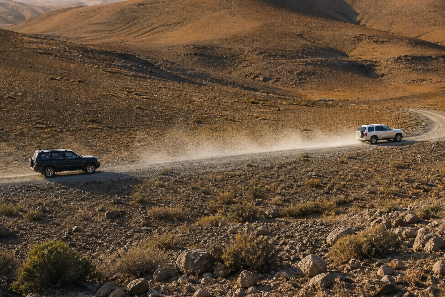 Dos vehículos 4×4 mantienen una separación amplia mientras se disipa el polvo en una pista seca