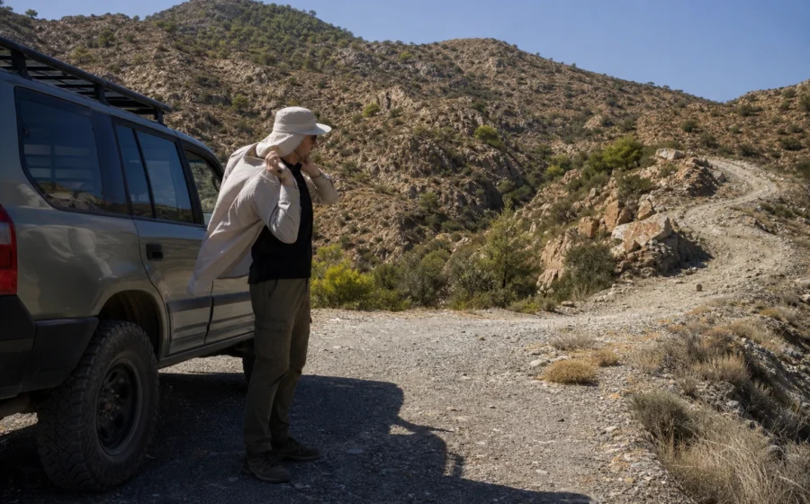 Una persona se cubre con sombrero y camisa junto a un 4×4 detenido antes de caminar para inspeccionar una pista soleada